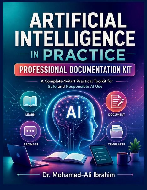 "ARTIFICIAL INTELLIGENCE IN PRACTICE", "PROFESSIONAL DOCUMENTATION KIT"; blaue, futuristische Illustration mit Icons.