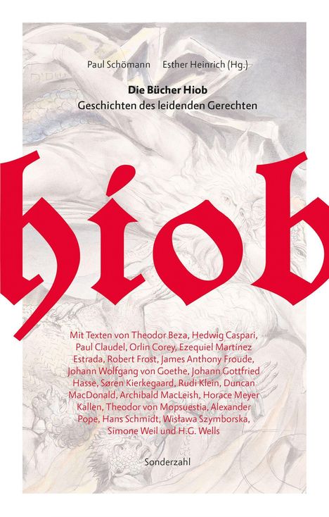 Titel: "Die Bücher Hiob: Geschichten des leidenden Gerechten." Herausgeber: Paul Schömann, Esther Heinrich. Autorennamen, roter Schriftzug "hiob", darunter Illustration.