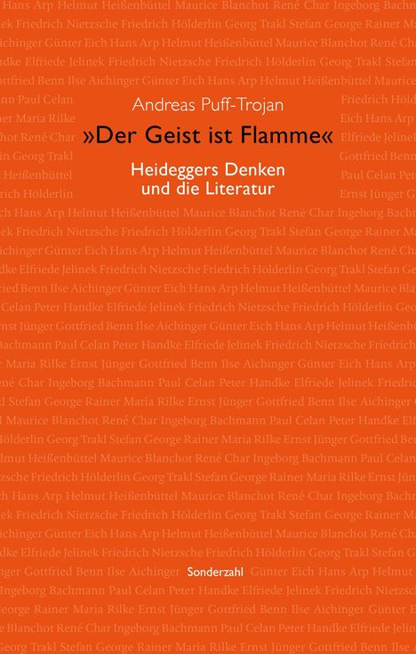 "In weißem Text auf orange: Andreas Puff-Trojan, 'Der Geist ist Flamme', Heideggers Denken und die Literatur. Unten: Sonderzahl."