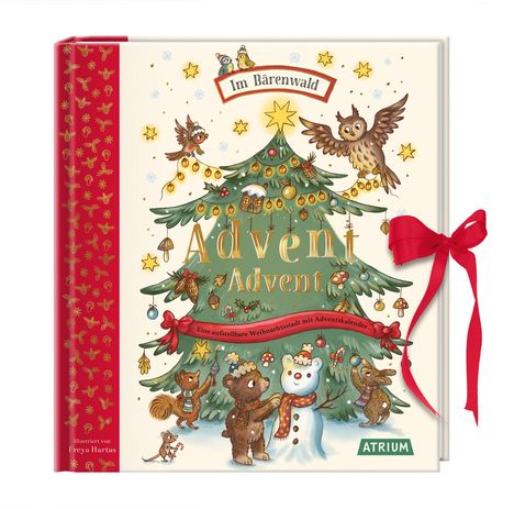 „Im Bärenwald“, „Advent Advent“, „Eine aufstellbare Weihnachtsstadt mit Adventskalender“. Illustration von Tieren um einen Baum.