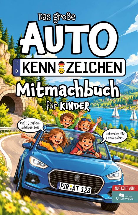 "Das große Autokennzeichen-Mitmachbuch für Kinder" zeigt fröhliche Kinder in einem blauen Auto auf einer Landstraße.