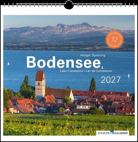 „Bodensee 2027“ mit Landschaftsfoto: See, rote Dächer, Kirchturm und Bergkulisse, herausgegeben von „Stadler Kalender“.