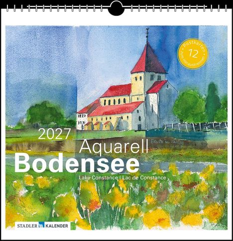 „2027 Aquarell Bodensee“; gelbes Siegel: „12 Postkarten heraus trennbar“; Aquarell einer Kirche mit rotem Dach.