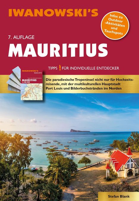 IWANOWSKI’S, 7. Auflage, MAURITIUS. Die paradiesische Tropeninsel Port Louis. Palmen, Boote und rotes Dach am Meer.