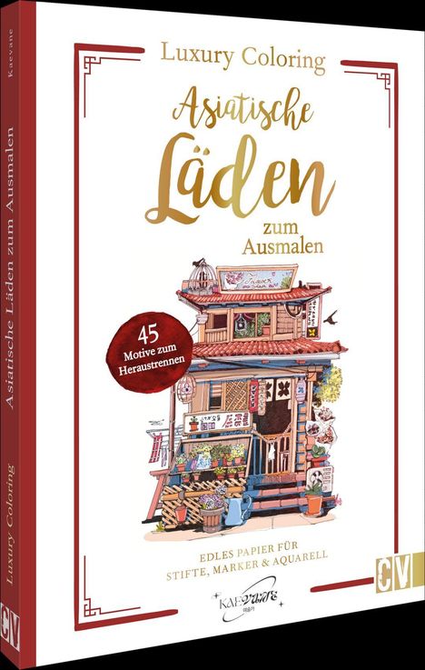 "Luxury Coloring: Asiatische Läden zum Ausmalen – 45 Motive zum Heraustrennen." Detailreiche Illustration eines asiatischen Ladens.