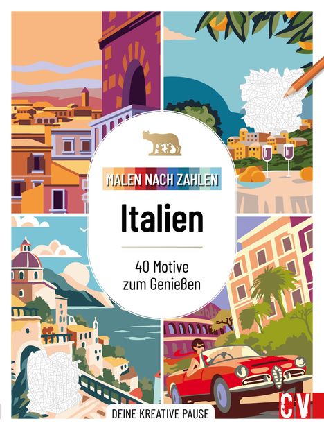 "Malen nach Zahlen: Italien" zeigt farbige Illustrationen von Landschaften, Gebäuden und einem roten Auto.