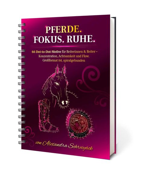 "PFERDE. FOKUS. RUHE." Geschwungene Verzierungen, Pferdekopf, Stiefel, Medaillon. Farben: Lila, Pink, Gold.