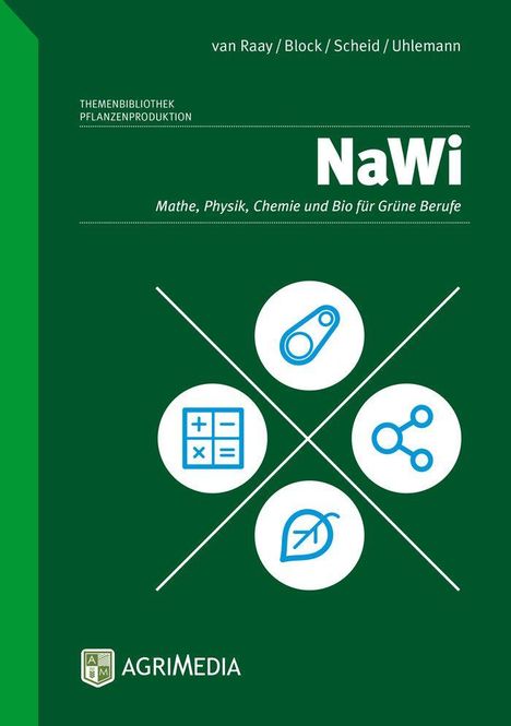 NaWi: Mathe, Physik, Chemie und Bio für Grüne Berufe. Vier Symbole in Kreisen, darunter ein Blatt. Logo: AGRIMEDIA.