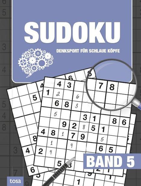 "SUDOKU", "DENKSPORT FÜR SCHLAUE KÖPFE", "BAND 5". Zwei Sudoku-Gitter, Lupe, Zahnräder-Motiv oben links.