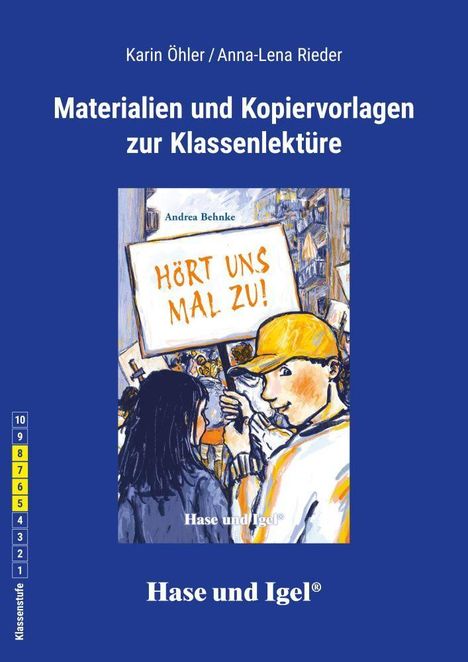 Buchcover: "Materialien und Kopiervorlagen zur Klassenlektüre". Illustration: Menschen mit Schild "HÖRT UNS MAL ZU!".