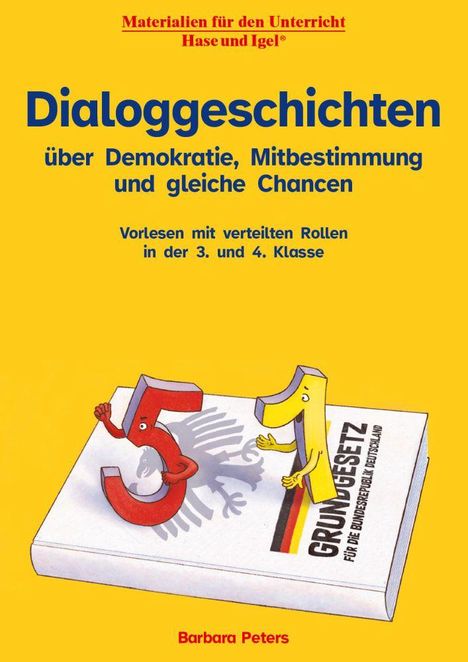 "Dialoggeschichten" über Demokratie. Buch mit den Zahlen 5 und 1. Text von Barbara Peters.