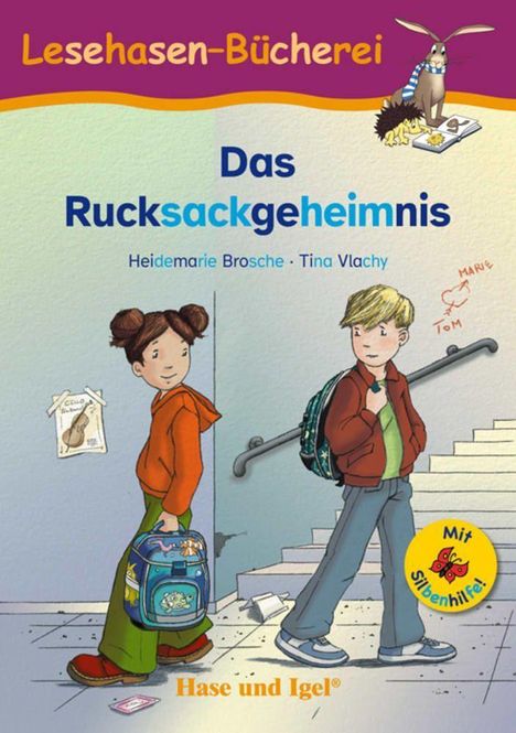 Oben steht "Lesehasen-Bücherei". Titel: "Das Rucksackgeheimnis". Zwei Kinder, ein Junge, ein Mädchen, mit Rucksäcken auf Treppe.