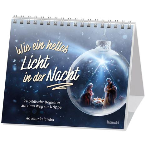 Adventskalender mit dem Titel "Wie ein helles Licht in der Nacht". Bild einer weihnachtlichen Szene in einer Glaskugel.