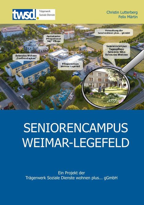 Text: "SENIORENCAMPUS WEIMAR-LEGEFELD" mit Gebäudebildern und Logo oben. Farben: Hellgelb und Blau.