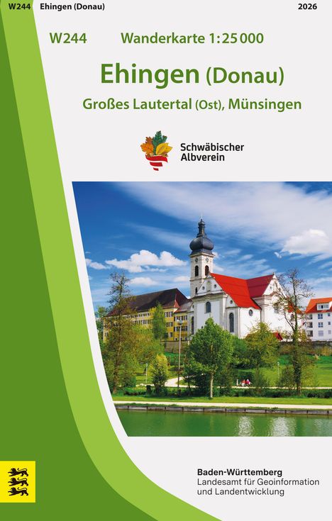 Oben: "W244 Wanderkarte 1:25 000 Ehingen (Donau) Großes Lautertal (Ost), Münsingen". Logo des Schwäbischen Albvereins. Unten: "Baden-Württemberg Landesamt für Geoinformation und Landentwicklung". Darunter ein Bild einer Kirche mit rotem Dach vor blauem Himmel.