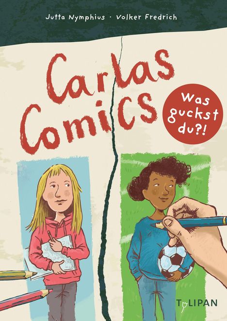 "Carlas Comics. Was guckst du?! Illustration von zwei Kindern, eines hält ein Comic, das andere einen Fußball."