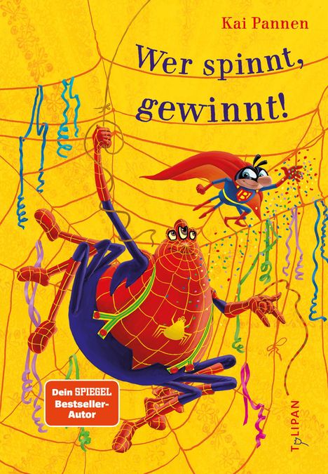 Text: "Wer spinnt, gewinnt!" und "Dein SPIEGEL Bestseller-Autor". Illustration: Eine bunte Spinne und ein Superheldeninsekt.