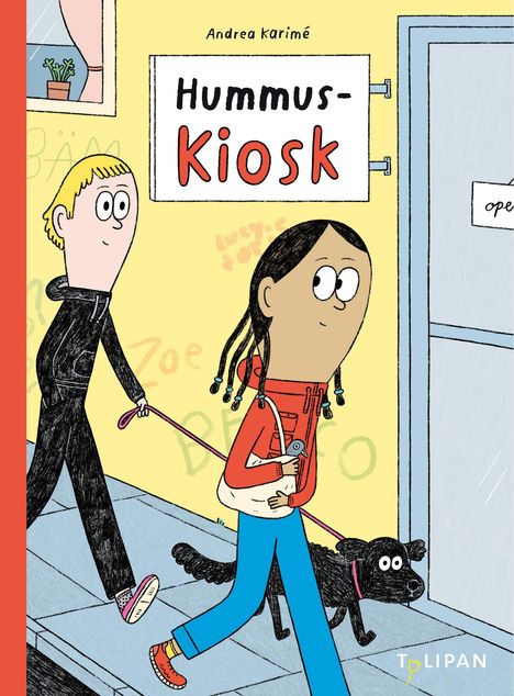 Text: "Hummus-Kiosk", "Andrea Karimé". Illustration: Zwei Personen und ein schwarzer Hund laufen auf dem Gehweg.