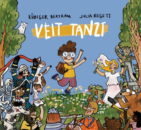 "Veit tanzt" über einer fröhlichen Szene mit Figuren, die tanzen und feiern, umgeben von Bäumen und Blumen.