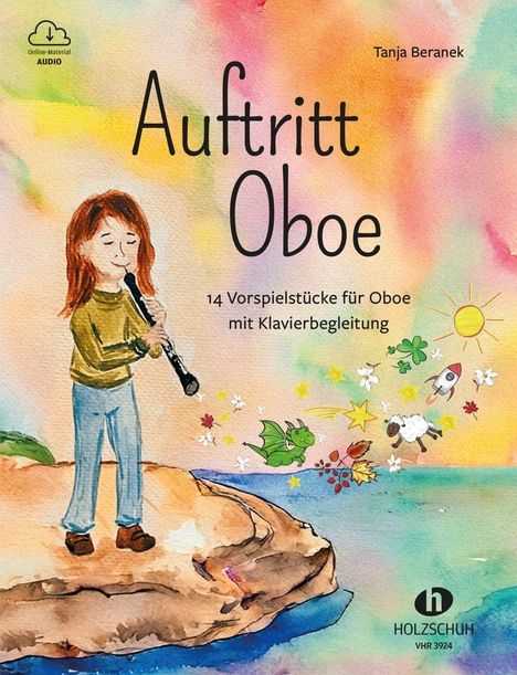 "Auftritt Oboe: 14 Vorspielstücke für Oboe mit Klavierbegleitung." Illustration: Kind spielt Oboe; bunte Fantasieelemente.