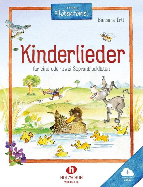 "Kinderlieder für eine oder zwei Sopranblockflöten" steht groß geschrieben. Eine Illustration mit Entenfamilie im Wasser.
