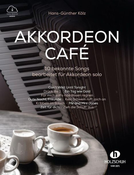 Akkordeon-Tasten, drei Tassen Kaffee auf einem Tisch; Logo „HOLZSCHUH“ unten rechts.