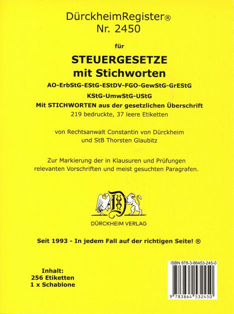 DürckheimRegister® 2450 STEUERGESETZE mit Stichworten (2024), Buch