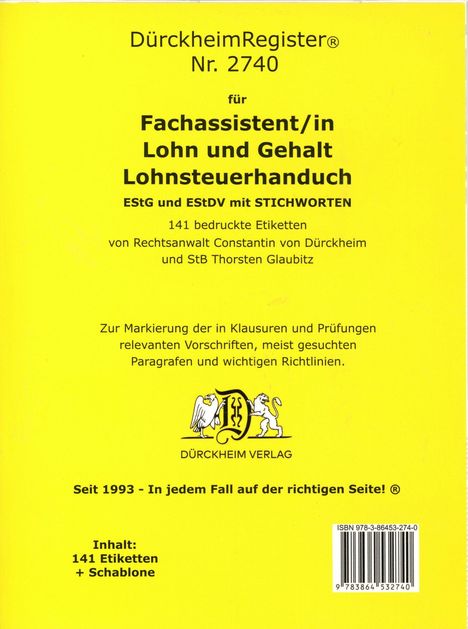 DürckheimRegister® Nr. 2740 Fachassistent/in Lohn und Gehalt (2024) Lohnsteuerhandbuch, Buch