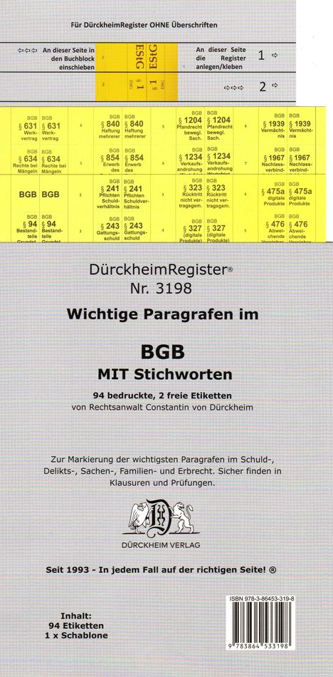 Constantin Dürckheim: DürckheimRegister® BGB - WICHTIGE §§ MIT STICHWORTEN Im Bürgerlichen Gesetzbuch, Diverse