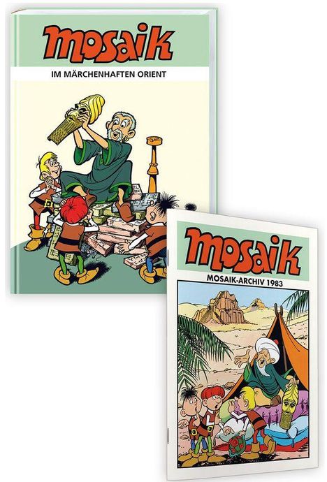 "mosaik", "IM MÄRCHENHAFTEN ORIENT", "Mosaik-Archiv 1983". Zeigt cartoonartige Charaktere in orientalischen Szenen.
