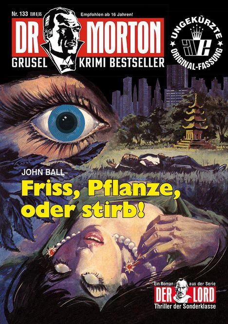 Titel: "Friss, Pflanze, oder stirb!" von John Ball. Illustration eines riesigen Auges und einer liegenden Frau in einer Wiese.