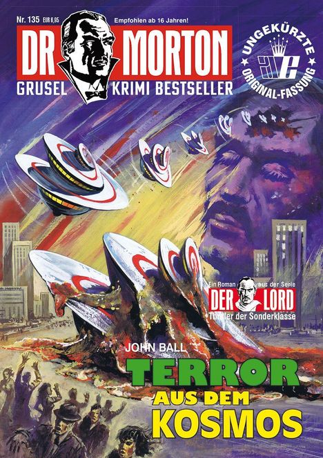 Text: "DR. MORTON", "GRUSEL KRIMI BESTSELLER", "TERROR AUS DEM KOSMOS". Illustration von UFOs und Gesicht im Hintergrund.