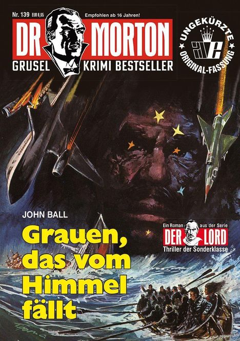 "Dr. Morton Grusel Krimi Bestseller: Grauen, das vom Himmel fällt." Illustration: Flugzeuge, Sternenhimmel, Meer, Boot.