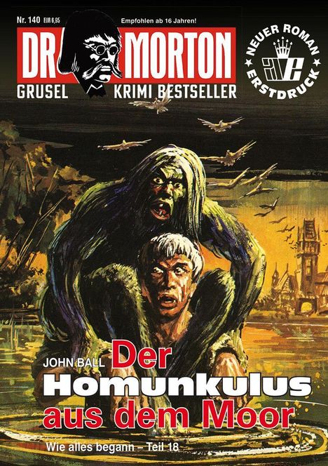 "Der Homunkulus aus dem Moor" steht groß in Rot auf Weiß. Illustration: Kreatur hält erschrockene Person vor düsterem Hintergrund.