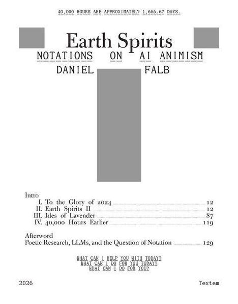 "Earth Spirits: Notations on AI Animism" von Daniel Falb. Kapitelüberschriften und Seitenzahlen, mit beigem Hintergrund.