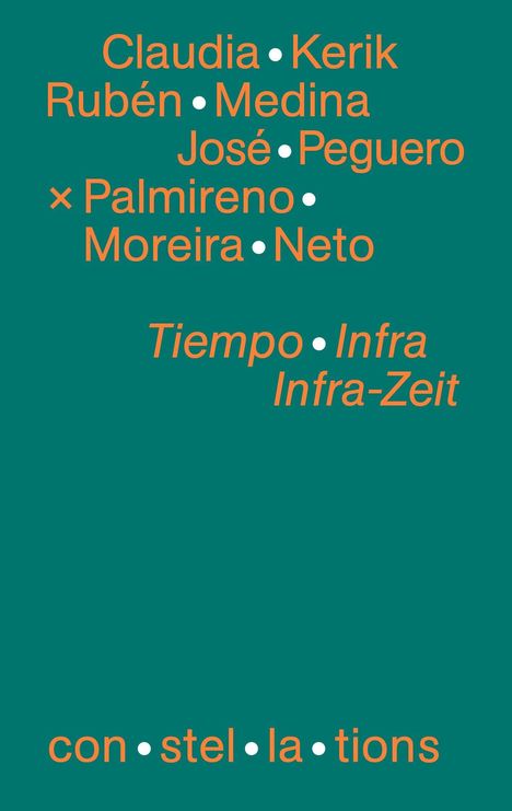 Namen und Wörter in orange auf grünem Hintergrund: Claudia, Kerik, Tiempo, Infra, Infra-Zeit, constellations.