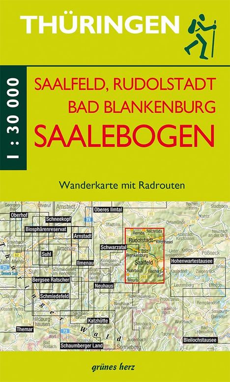 Thüringen, Saalfeld, Rudolstadt, Bad Blankenburg, Saalebogen. Wanderkarte mit Radrouten. Grünes herz. Karte und Wanderer-Logo.