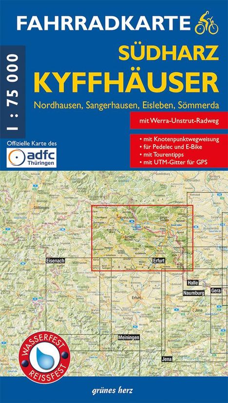 Fahrradkarte Südharz Kyffhäuser 1:75.000, mit Knotenpunktwegweisung, Karte mit Radwegen und Orten, wasser- und reißfest.