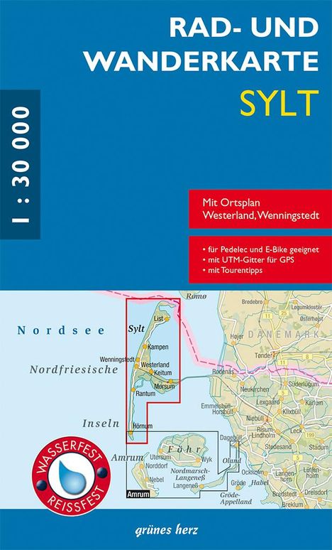 "Rad- und Wanderkarte Sylt", Maßstab 1:30 000, mit Ortsplan, wasserfest/reißfest. Karte von Sylt und Nordseeküste.