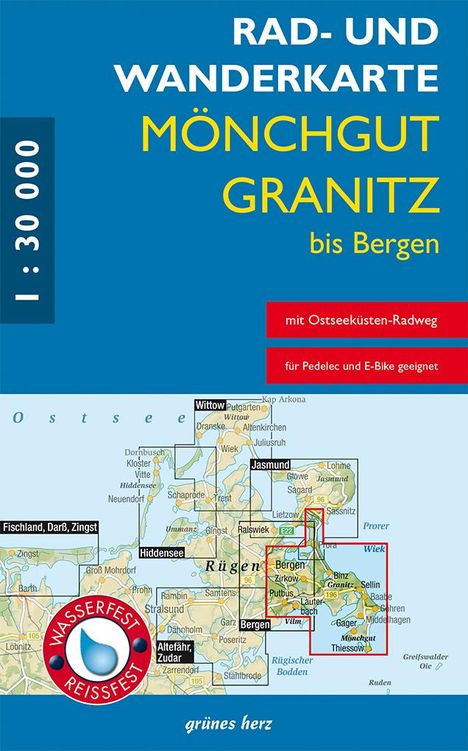"RAD- UND WANDERKARTE MÖNCHGUT GRANITZ bis Bergen", "mit Ostseeküsten-Radweg für Pedelec und E-Bike geeignet." Eine Karte von Rügen.