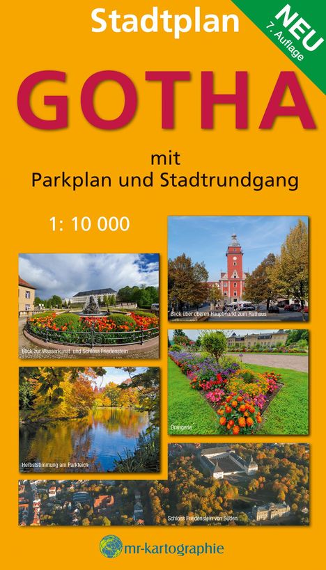 Stadtplan Gotha. Parkplan und Stadtrundgang. Fotos von Schloss, Rathaus und Parkanlagen mit bunter Blumenpracht.