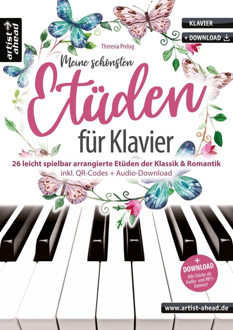 Titel: "Meine schönsten Etüden für Klavier". Blumen und Schmetterlinge umrahmen pinken Schriftzug. Klaviertasten darunter.