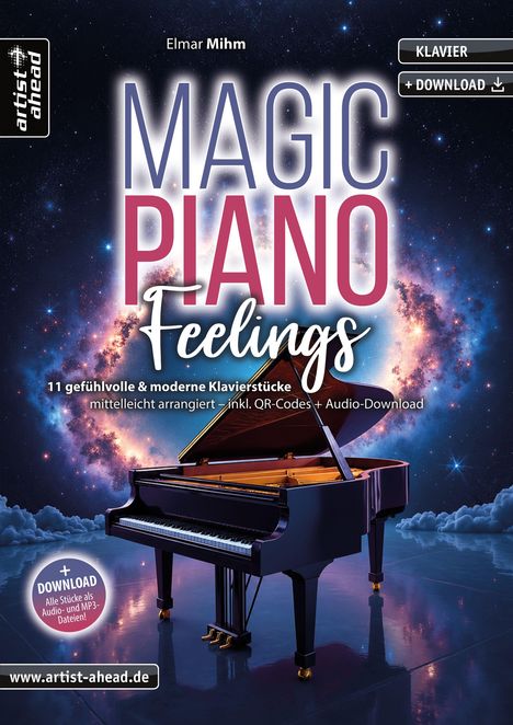 "Magic Piano Feelings" von Elmar Mihm, Klavierstücke mit Audio-Download. Himmel voller Sterne, schwarzer Flügel in Szene.