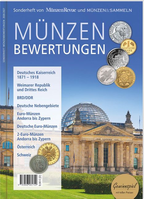 "Münzen Bewertungen" steht im Zentrum. Themen: Deutsches Kaiserreich, Weimarer Republik, Euro-Münzen. Reichstagsgebäude im Hintergrund.