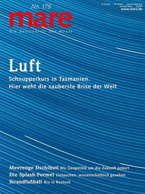 **Logo**: "mare" in Rot.  
**Text**: Luft, Schnupperkurs in Tasmanien.  
**Hinweis**: Meer, Geopolitik, Splash-Formel, Strandfußball.  
Blauer Hintergrund mit weißen Linien.