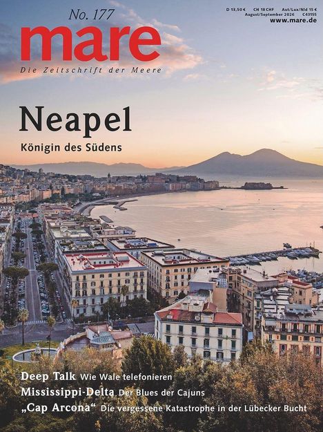 „mare“, „Neapel Königin des Südens“, Blick auf Stadt und Küste mit Vesuv im Hintergrund bei Sonnenaufgang.