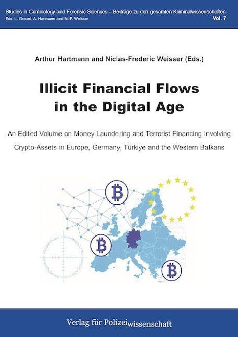Titel: "Illicit Financial Flows in the Digital Age". Europa-Karte mit Bitcoin-Symbolen. Verlag: Polizei­wissen­schaft.