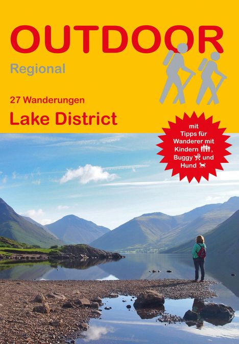 Text oben: "OUTDOOR Regional", "27 Wanderungen Lake District". Unten: Person am See mit Bergen im Hintergrund.