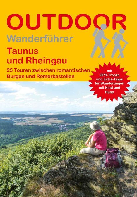 Text: "OUTDOOR Wanderführer Taunus und Rheingau, 25 Touren zwischen romantischen Burgen und Römerkastellen." Illustration: Wanderer.