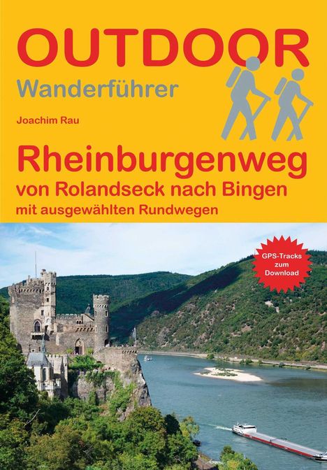 "OUTDOOR Wanderführer" und "Rheinburgenweg von Rolandsdeck nach Bingen" oben, Bild einer Burg am Rhein darunter.
